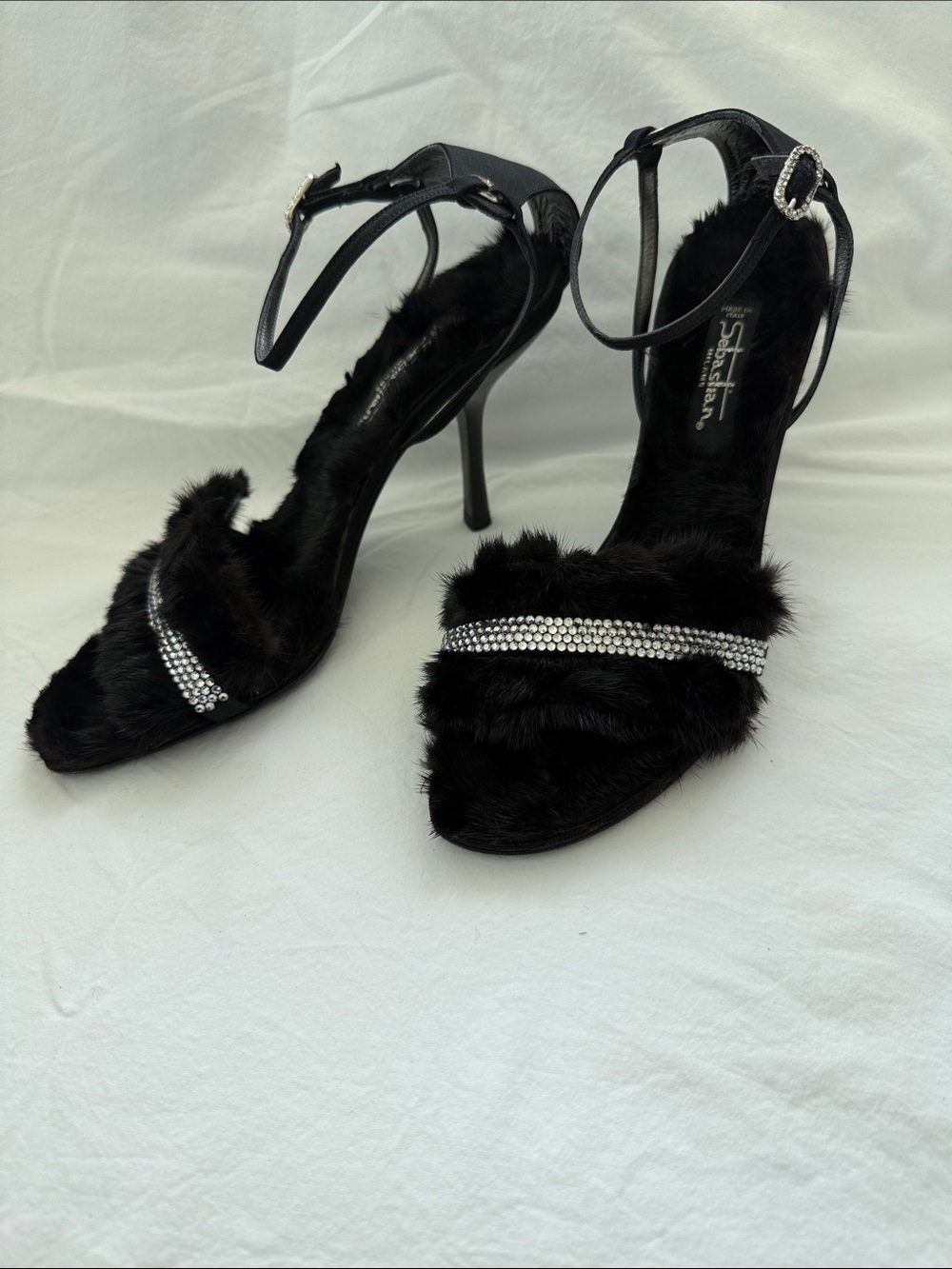 Black Fur & Crystal Strap Stiletto Sandals